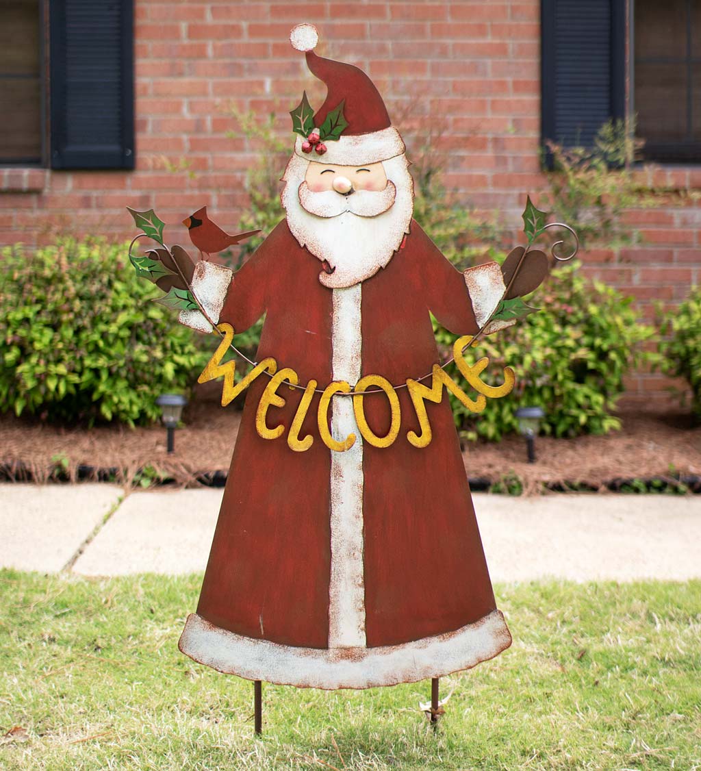 Metal Santa Garden Stake with Welcome Banner and Visiting Cardinal