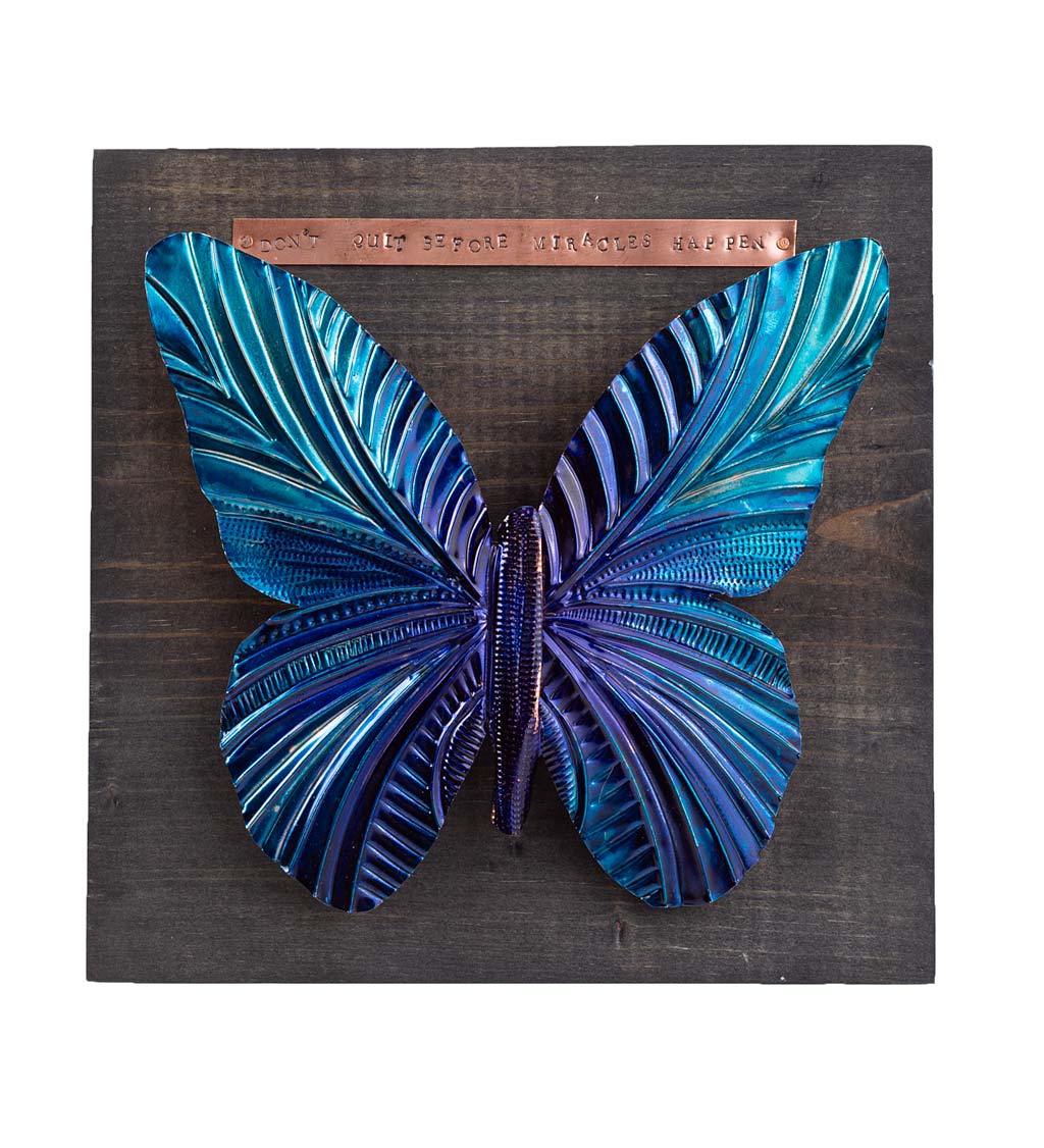 Handcrafted and Hand Painted Copper Butterfly Mounted to Charred Wood Board