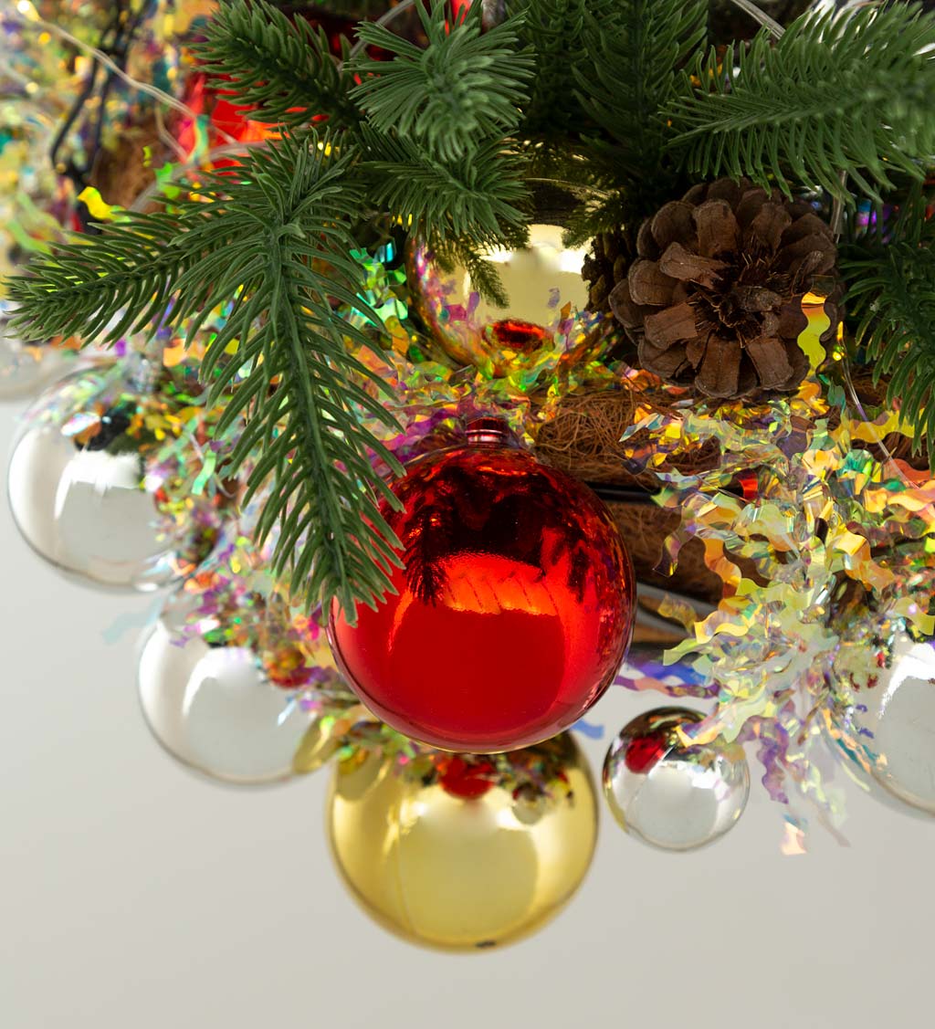 Lighted LED Hanging Shatterproof Ornament Basket with Pine Boughs