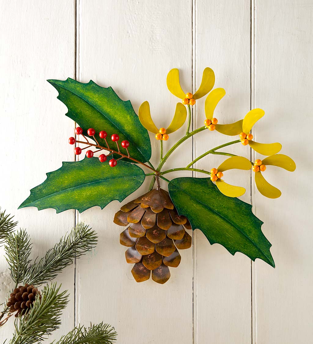 Handcrafted Indoor/Outdoor Metal Pinecone and Holly Wall Art
