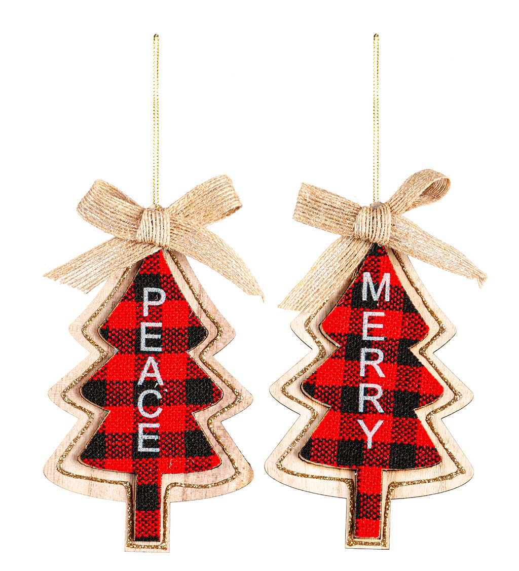 Peace and Merry Buffalo Check Christmas Tree Ornaments, Set of 2