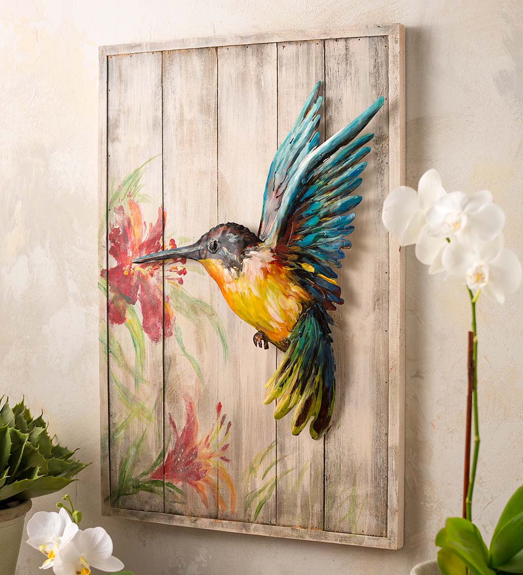 Handcrafted Metal and Wood Hummingbird Indoor Wall Art