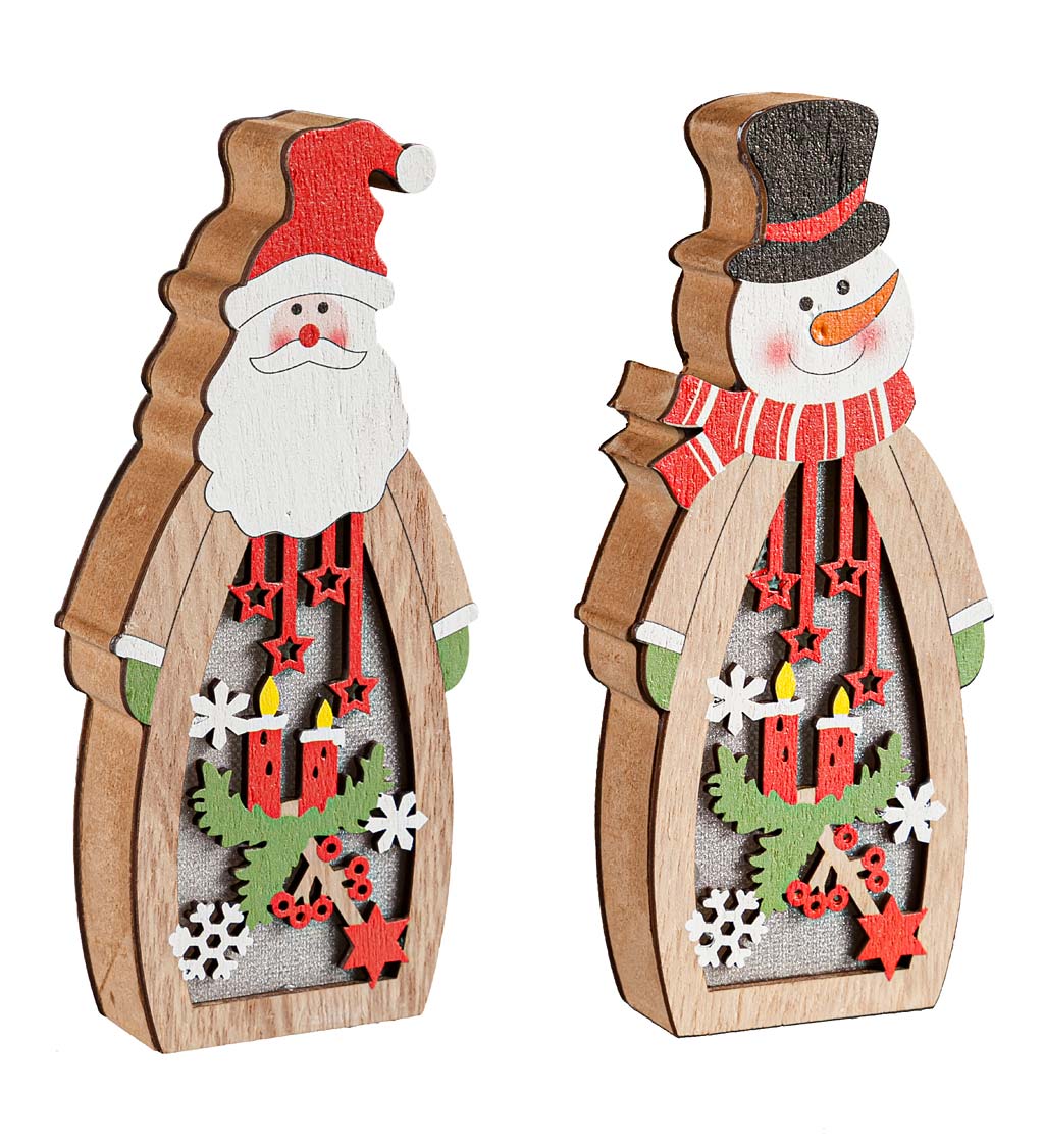 LED Santa and Snowman Wooden Christmas Figures, Set of 2