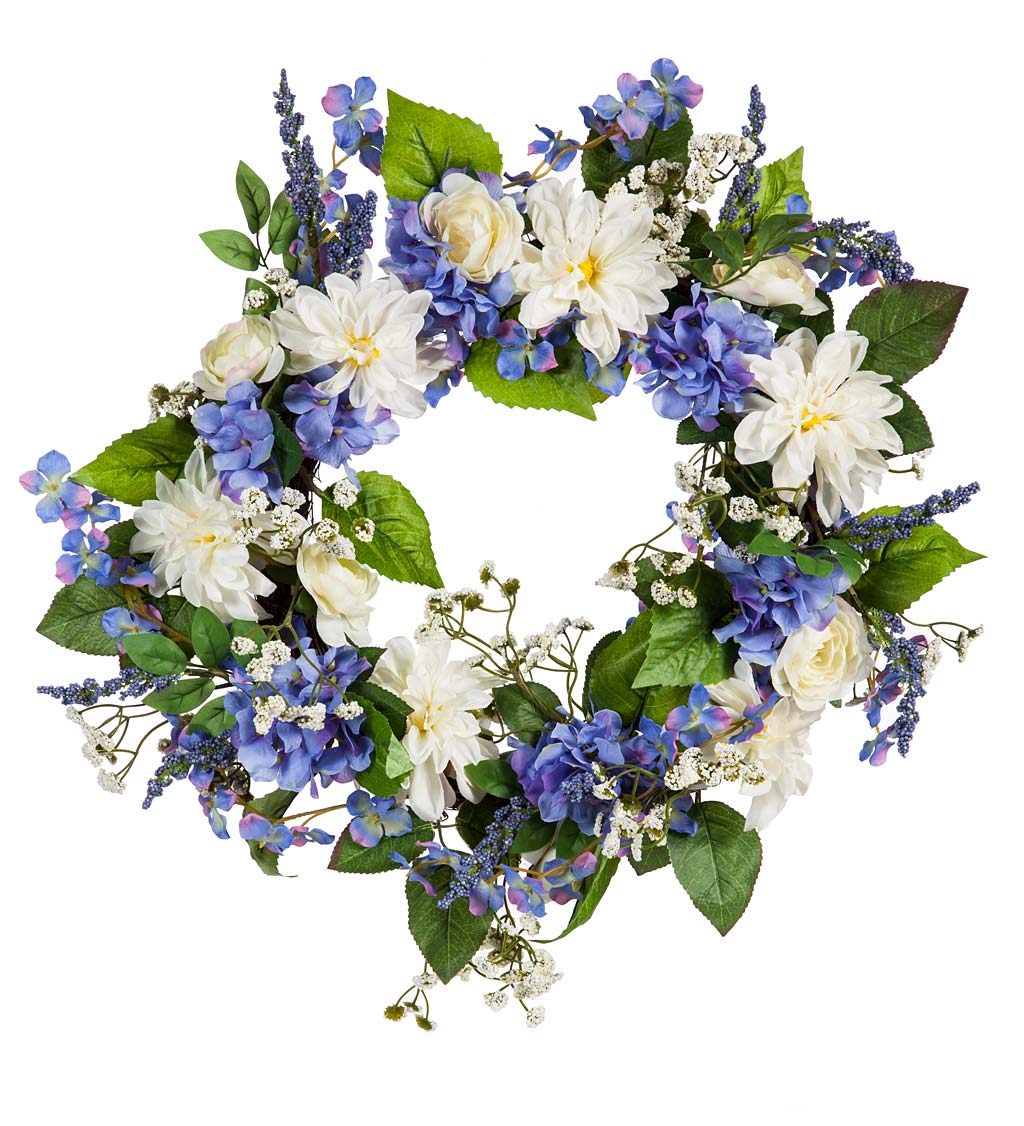 Blue Hydrangea and White Roses Floral Wreath