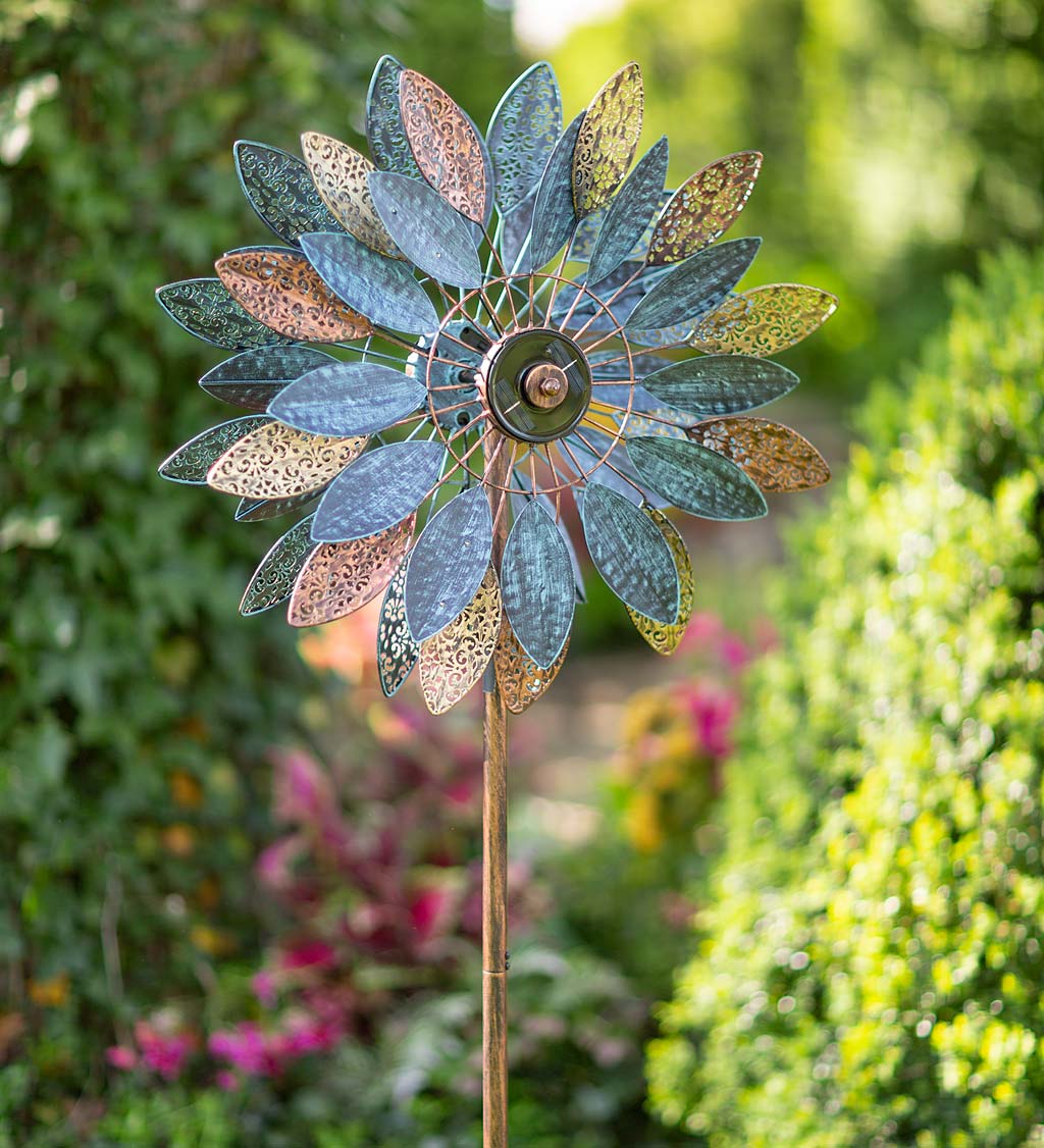 Solar Lighted Bronze and Patina-Colored Filigree Wind Spinner