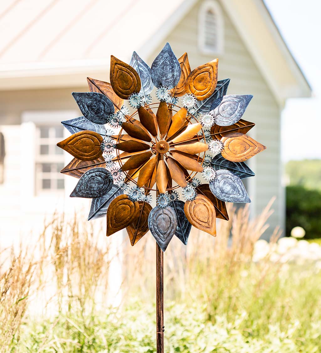 Metal Leaf Wind Spinner with Weathered Copper and Verdigris Finishes