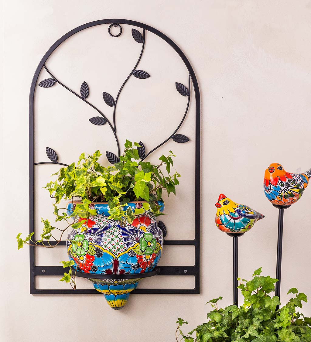 Handcrafted Talavera-Style Terra Cotta Flat-Backed Wall Planter with Wrought Iron Hanger