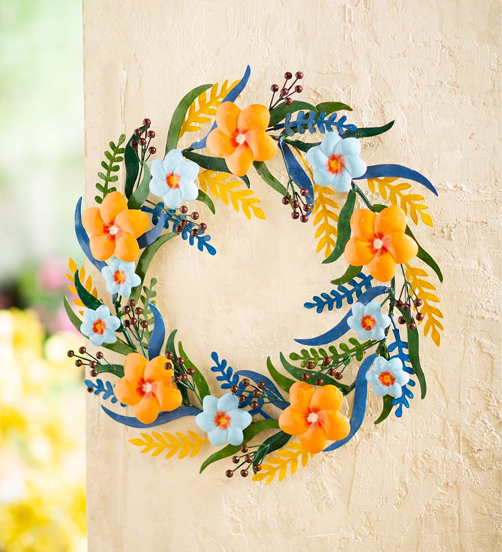 Handcrafted Metal Floral Wreath with Peach and Blue Blossoms