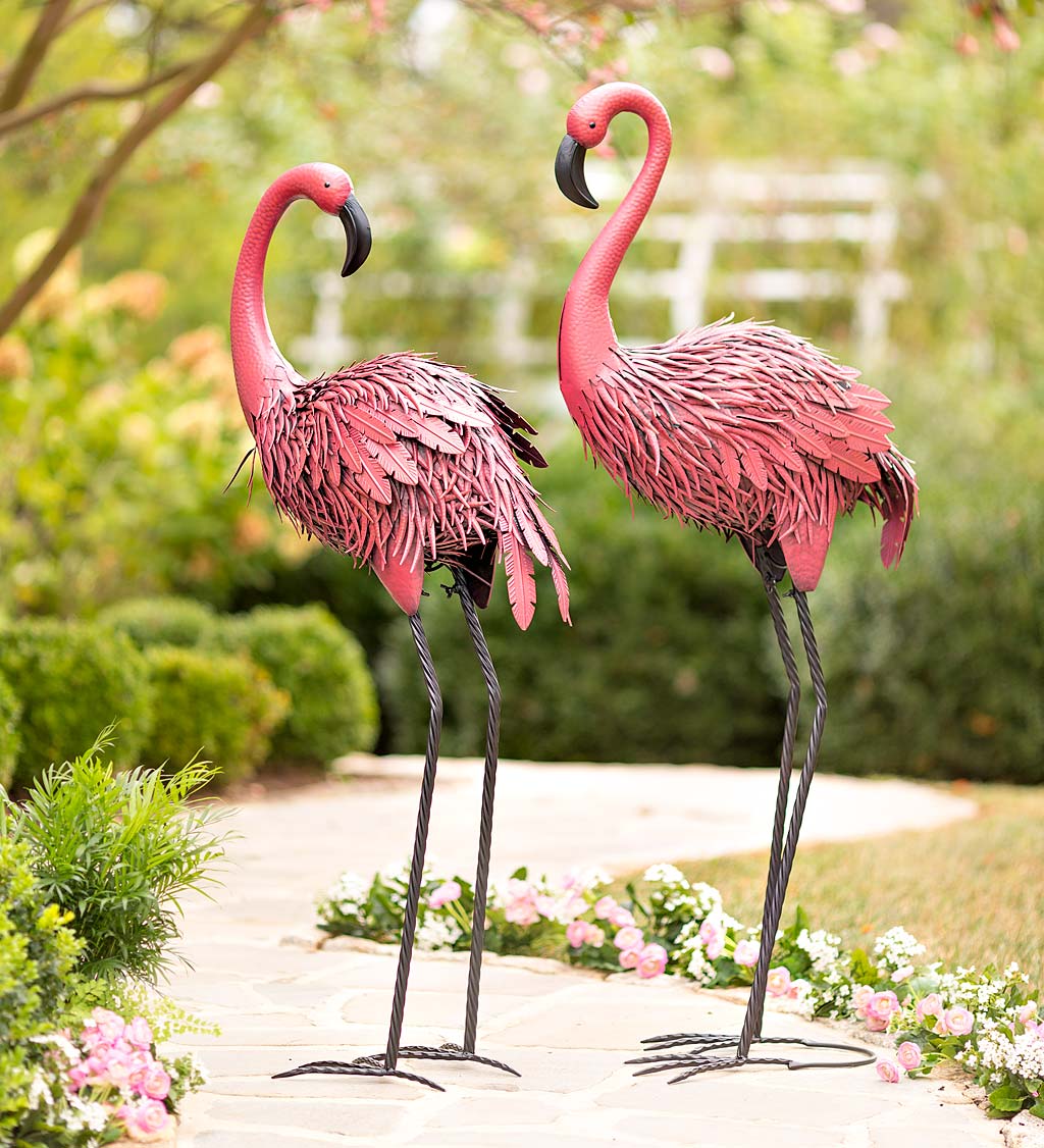 Fancy-Feathered Indoor/Outdoor Metal Looking Forward Flamingo