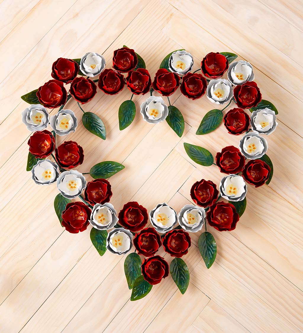 Handcrafted Metal Red and White Rose Blossom Heart Wreath