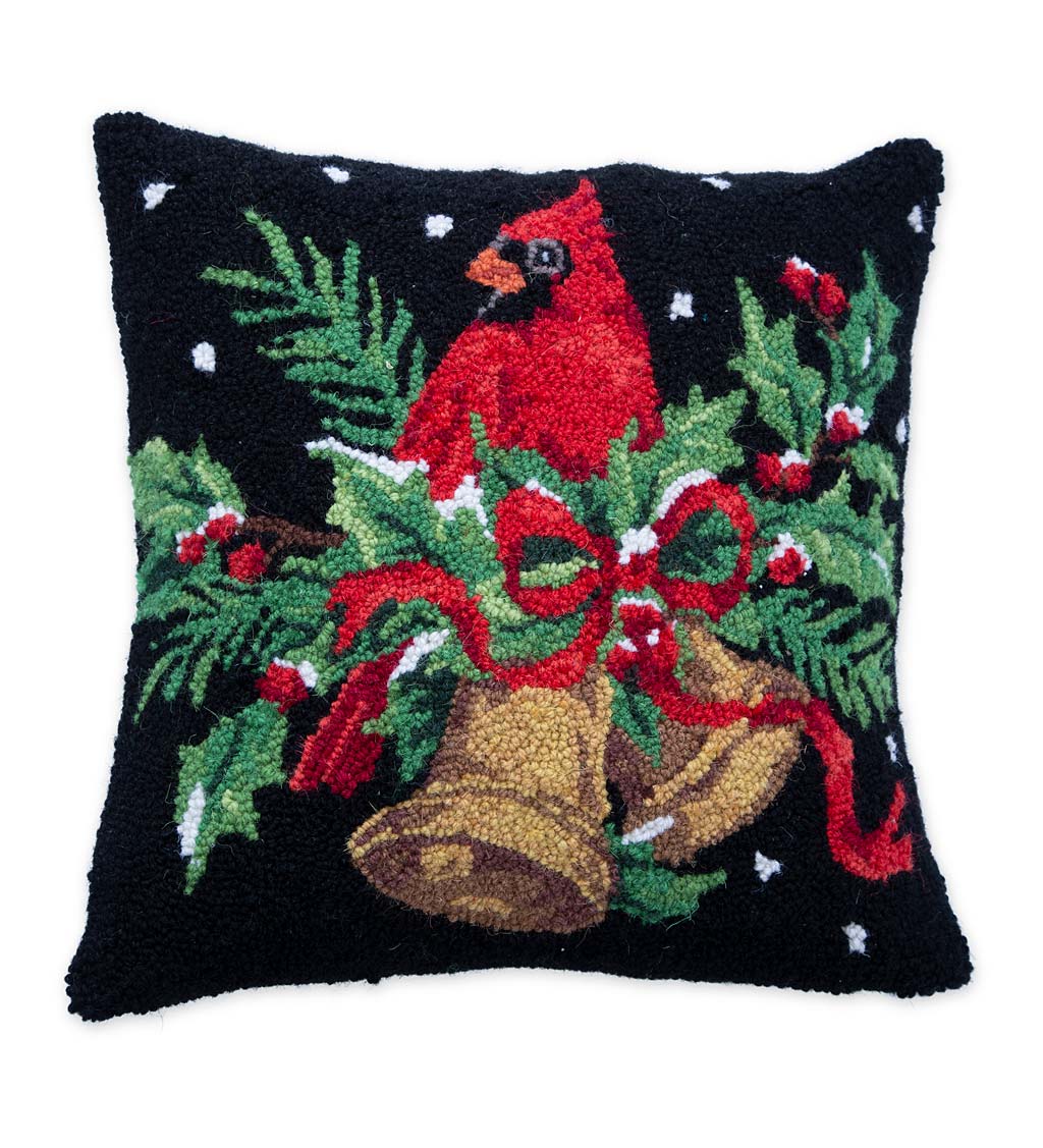 Cardinal with Holly and Bells Hand-Hooked Wool Throw Pillow on Black Background