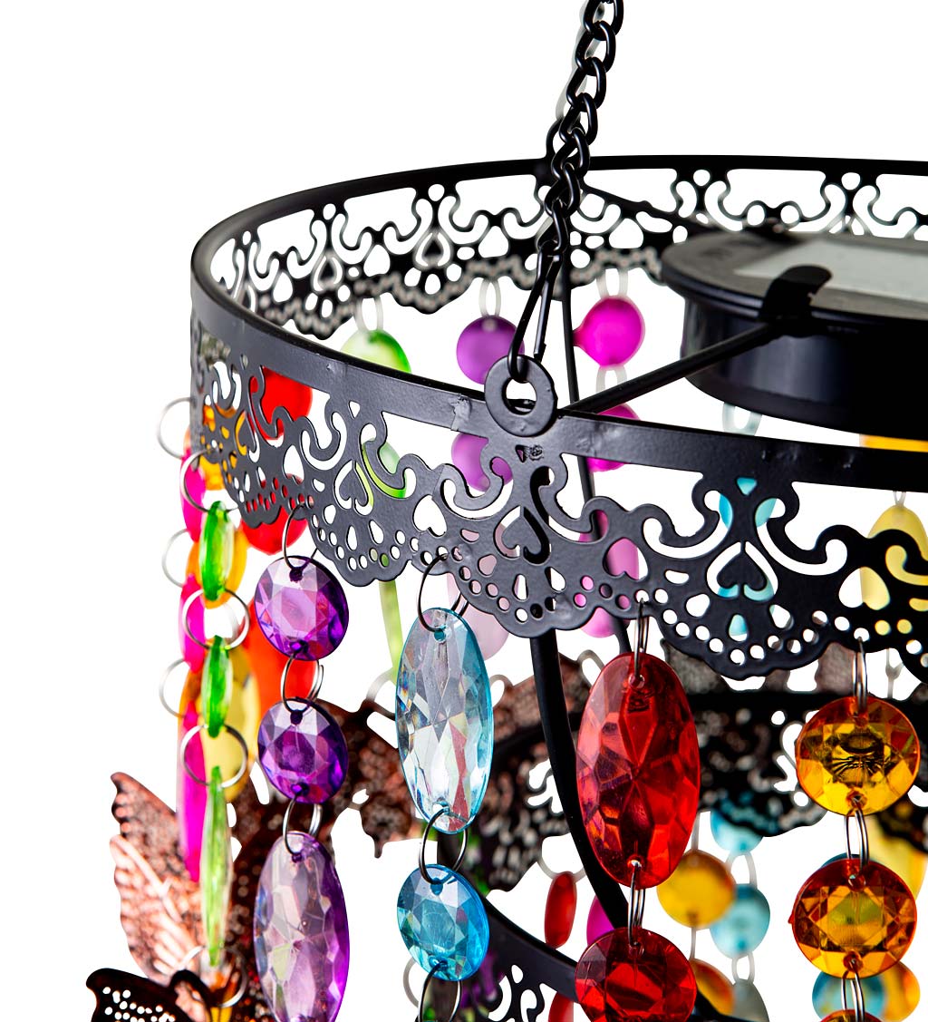 Colorful Beaded Solar-Powered Metal Chandelier with Weathered Copper-Colored Butterflies