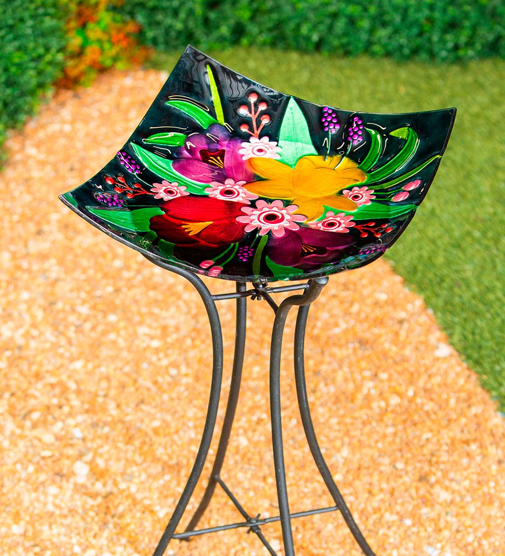 Hand Painted Embossed Square Glass Floral Bouquet Bird Bath Basin