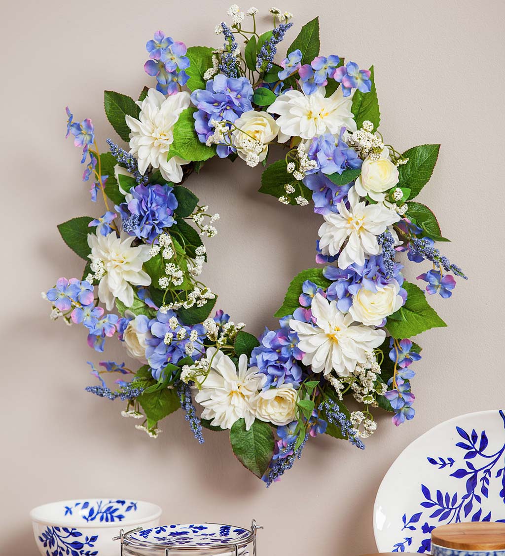 Blue Hydrangea and White Roses Floral Wreath
