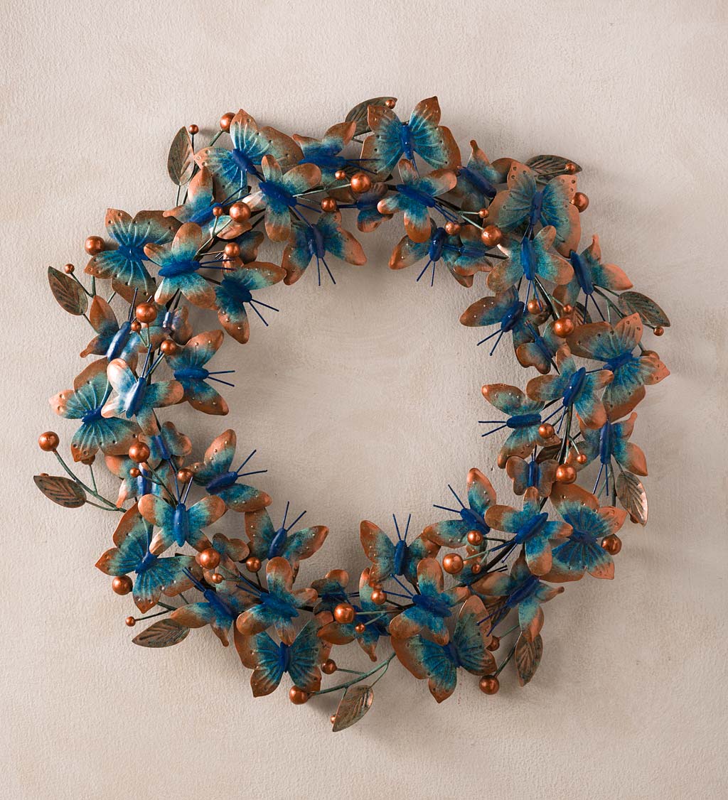 Handcrafted Metal Butterfly Wreath with Faux Verdigris Finish