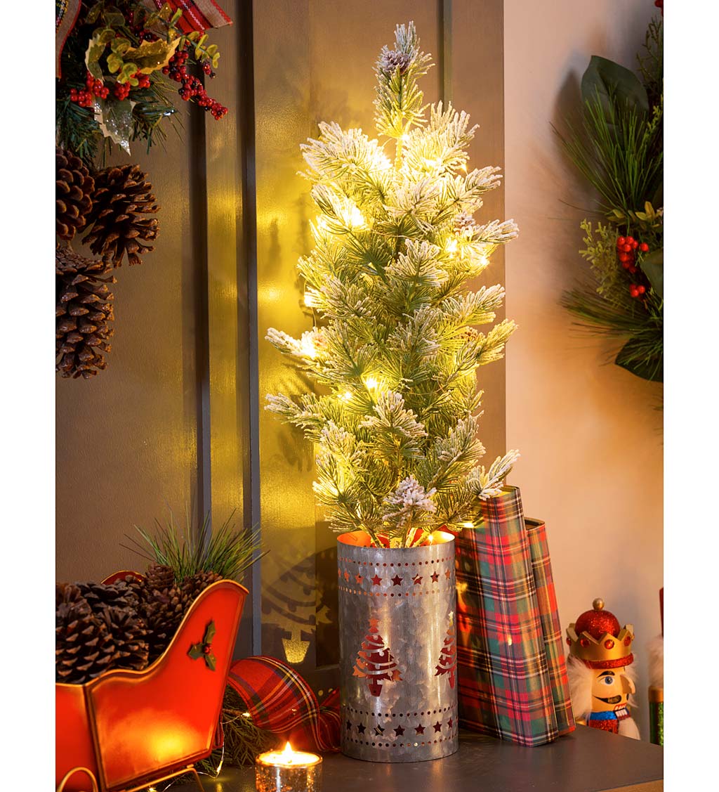 Lighted Winter Pine Tree in Metal Christmas Tree Pot