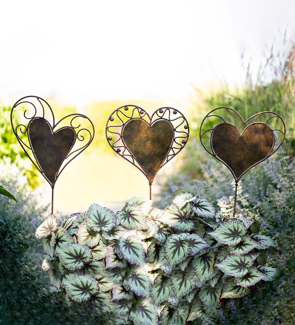 Elegant Heart Stakes Handcrafted from New and Reclaimed Metal, Set of 3