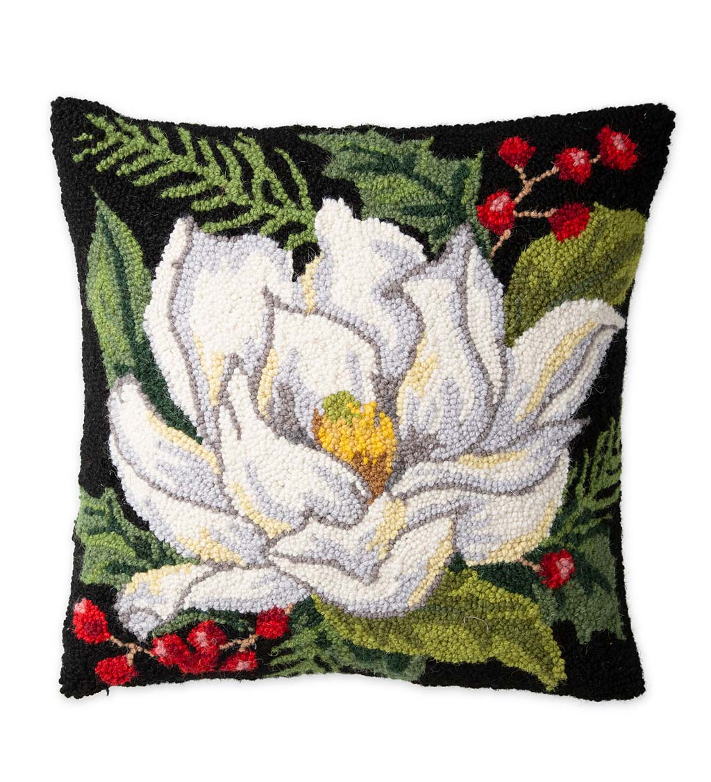 White Magnolia Blossom with Leaves Hand-Hooked Wool Throw Pillow on Black Background