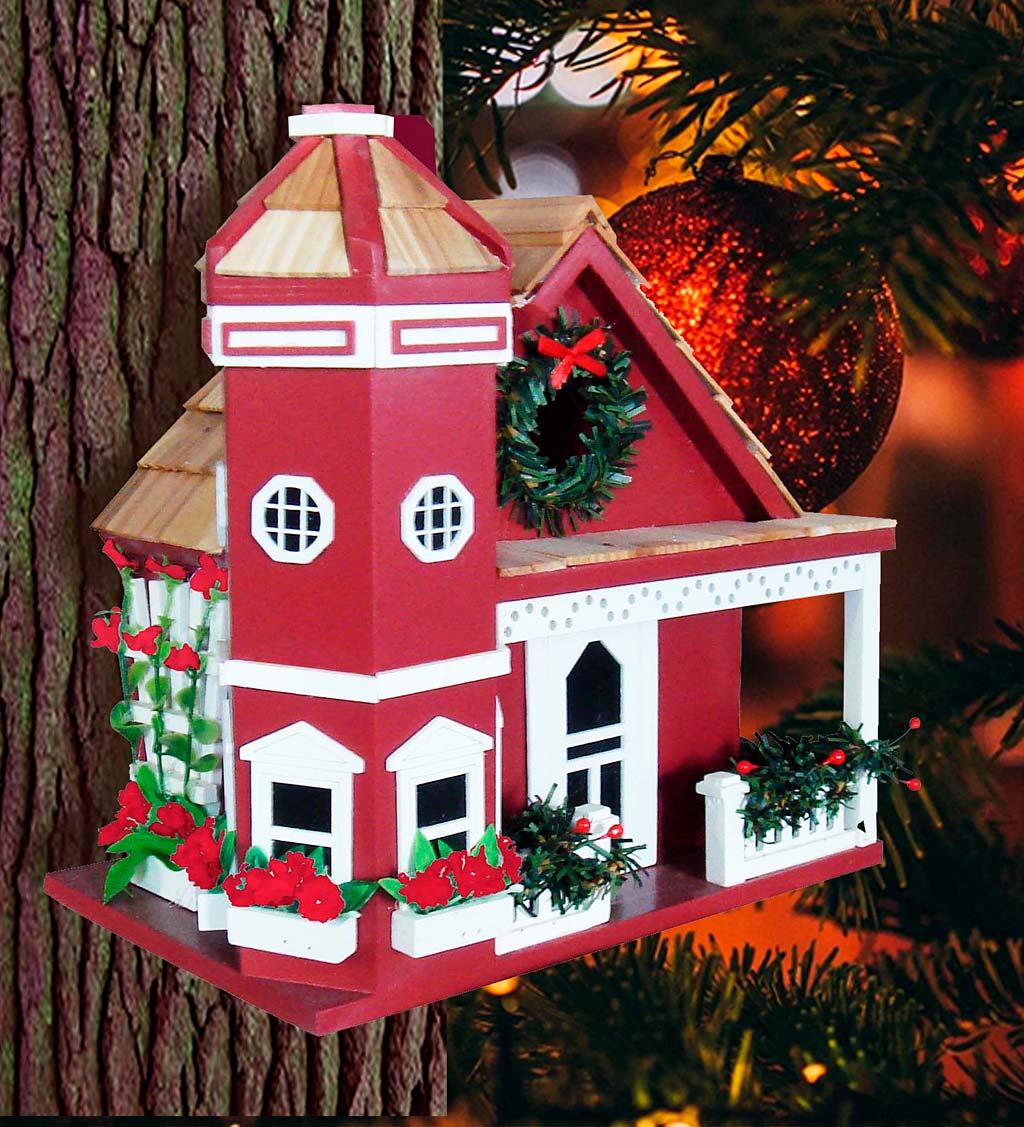 Red Yuletide Cottage Victorian Style Birdhouse