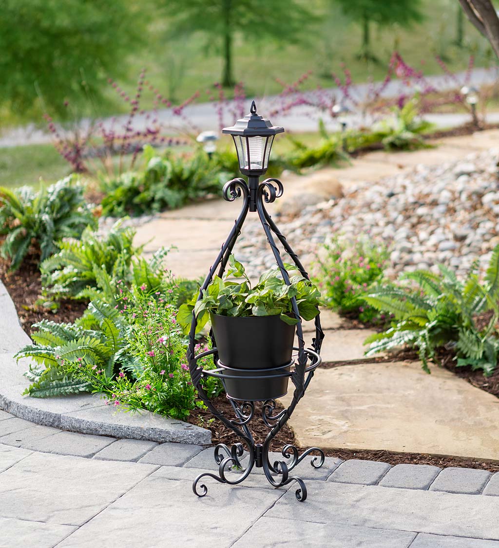 Black Wrought Iron Plant Stand with Solar Light