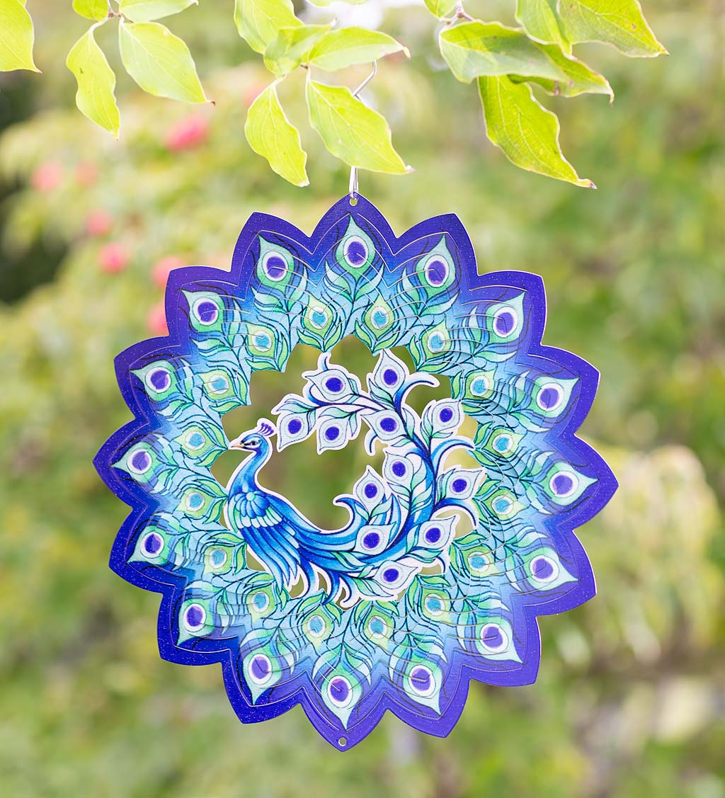 Hanging Metal Twirler with Blue and Purple Peacock Design