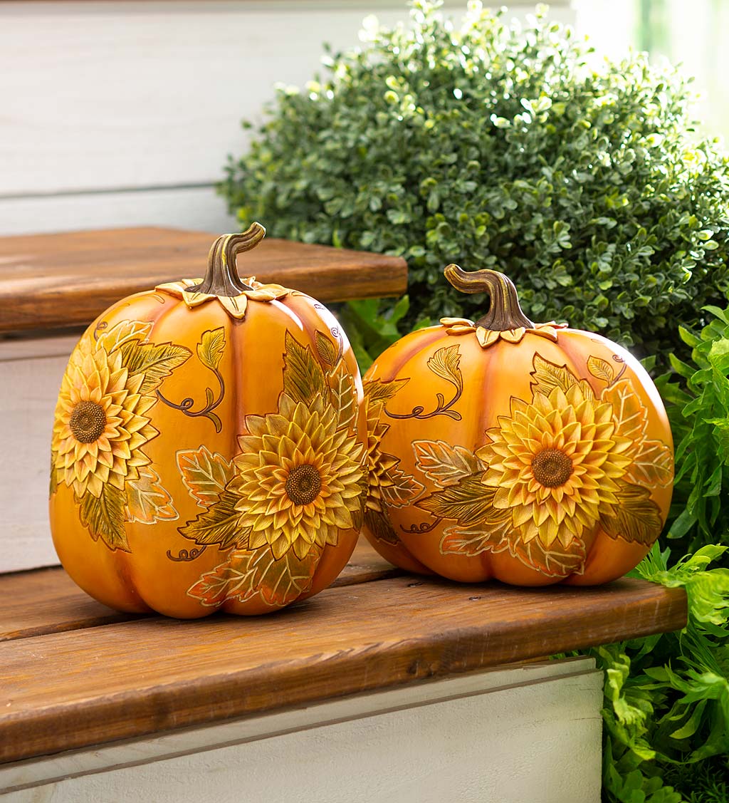 Decorative Indoor/Outdoor Pumpkins With Carved-Wood Look, Set of 2