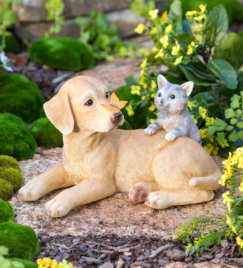 Labrador Puppy Garden Statue w// Solar Butterfly Dog Sculpture Outdoor Decor 13/"L