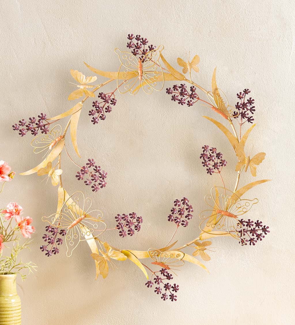 Handcrafted Golden Metal Butterfly Wreath with Purple Blossoms