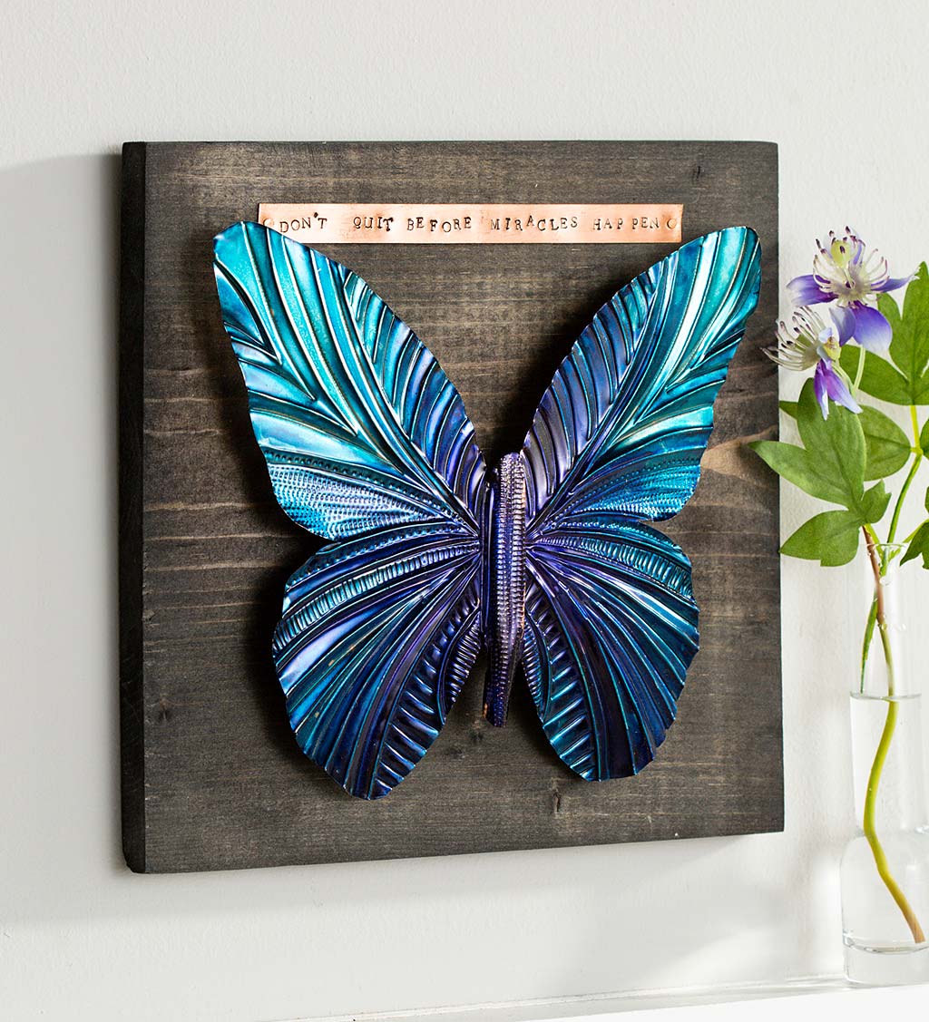 Handcrafted and Hand Painted Copper Butterfly Mounted to Charred Wood Board