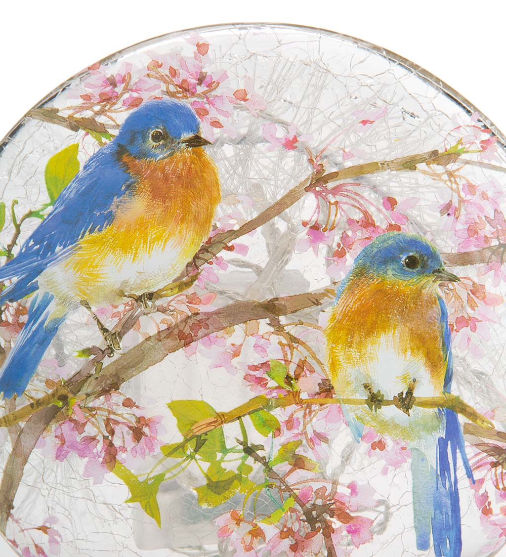 Lighted Bluebirds on Redbud Branches Crackled Glass Tabletop Art
