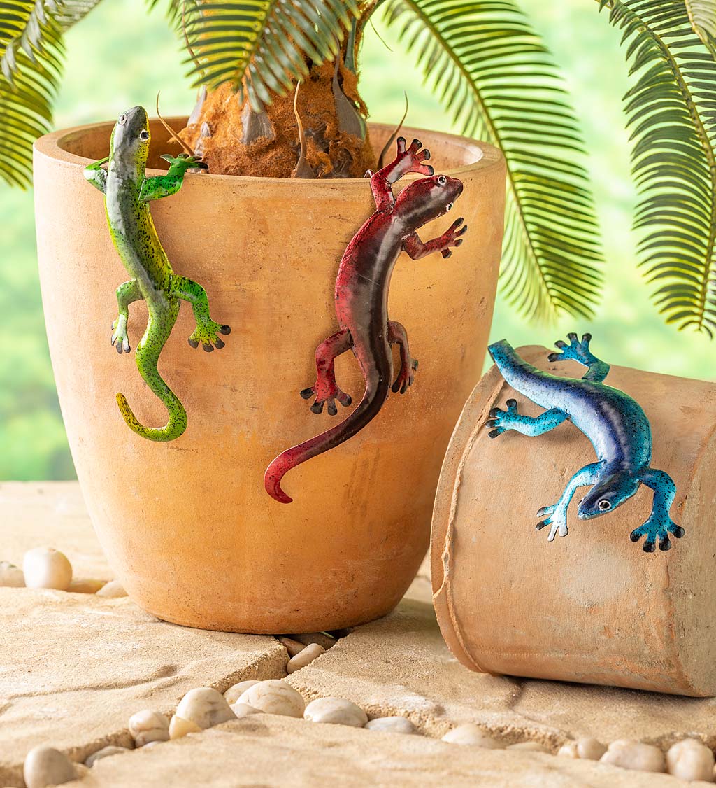 Reclaimed Metal Hand-Painted Gecko Pot Hangers, Set of 3