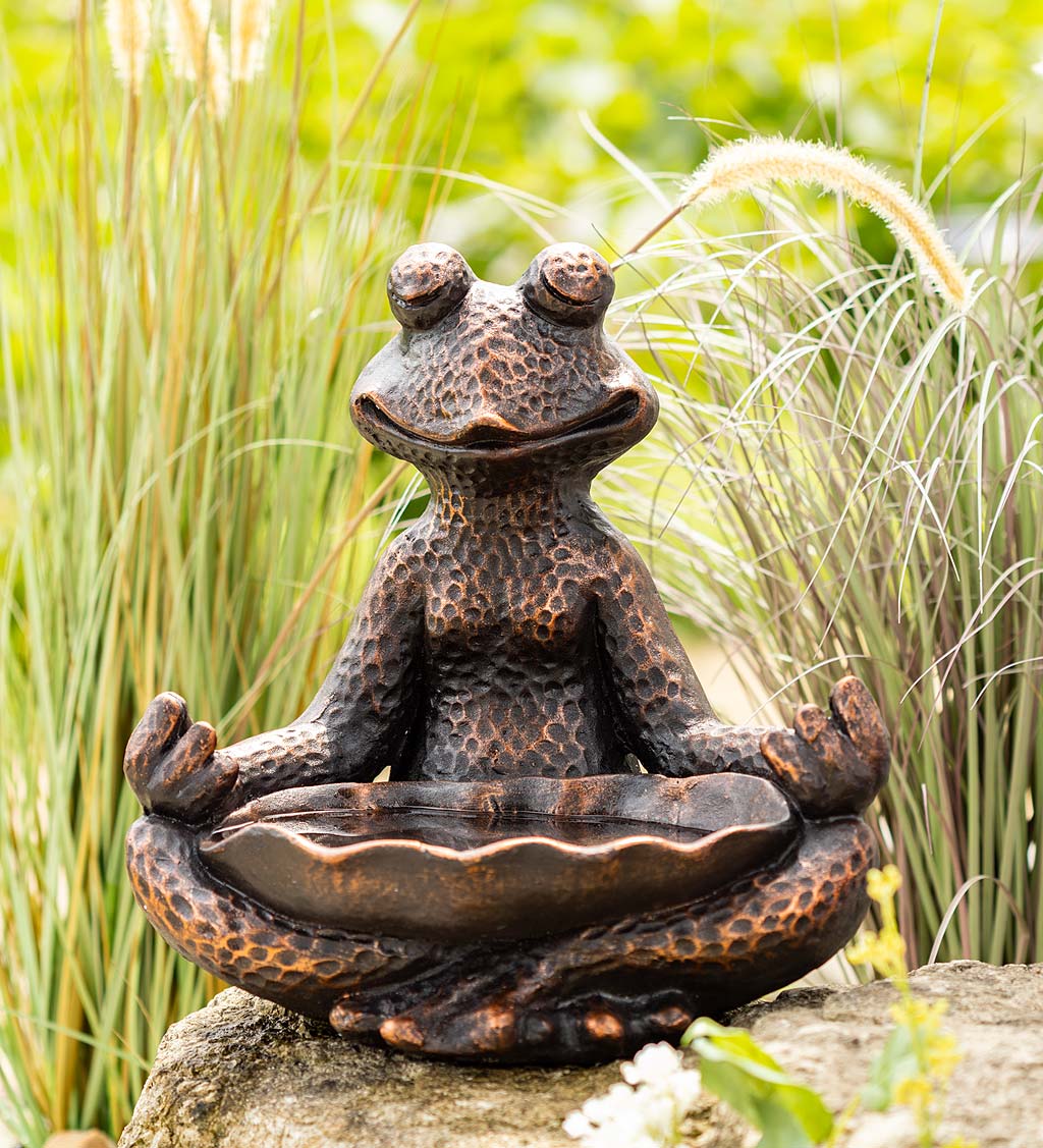Bronzed Zen Yoga Frog Birdbath/Bird Feeder