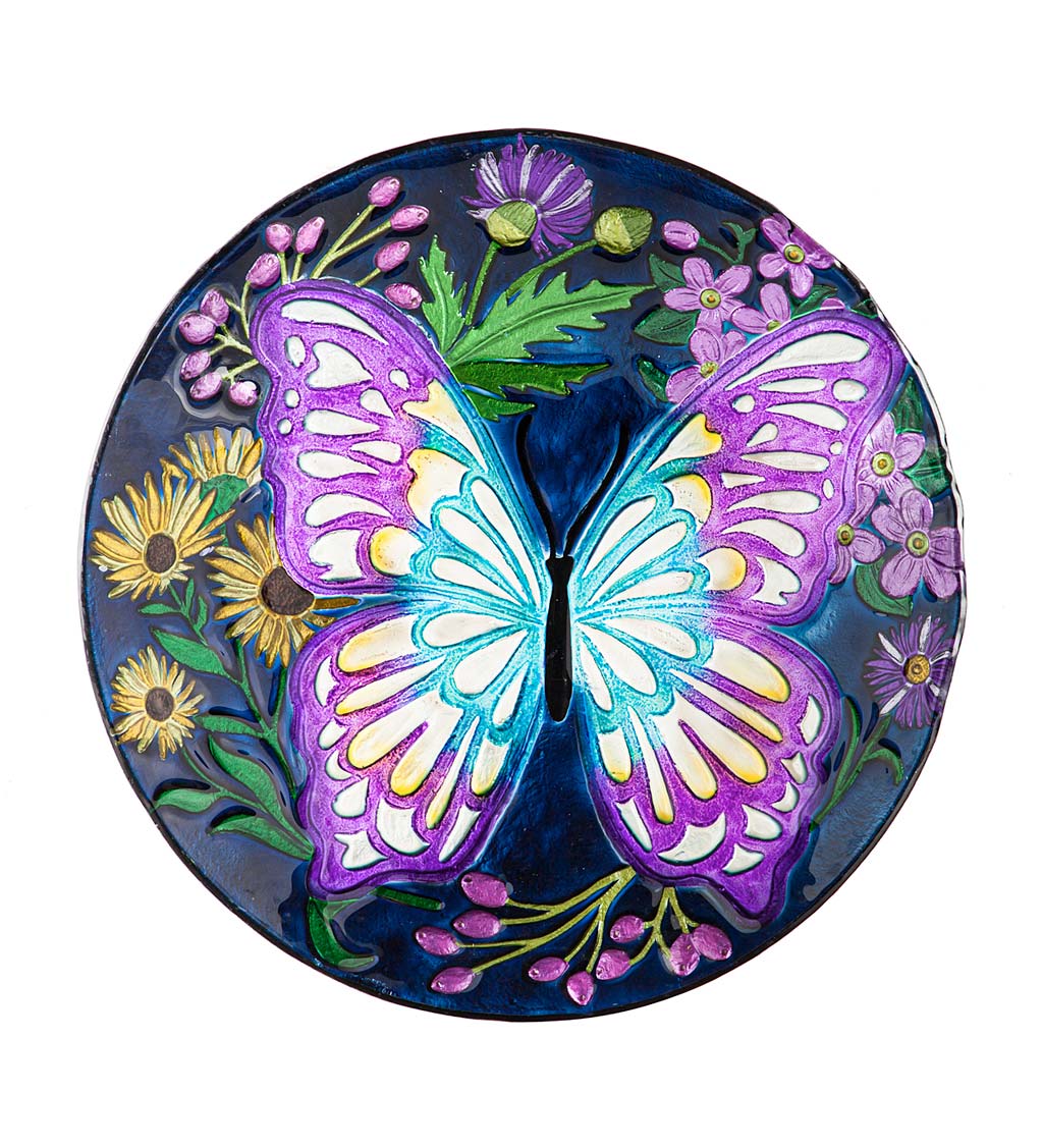 Hand Painted Embossed Glass Butterfly Meadow Birdbath Basin