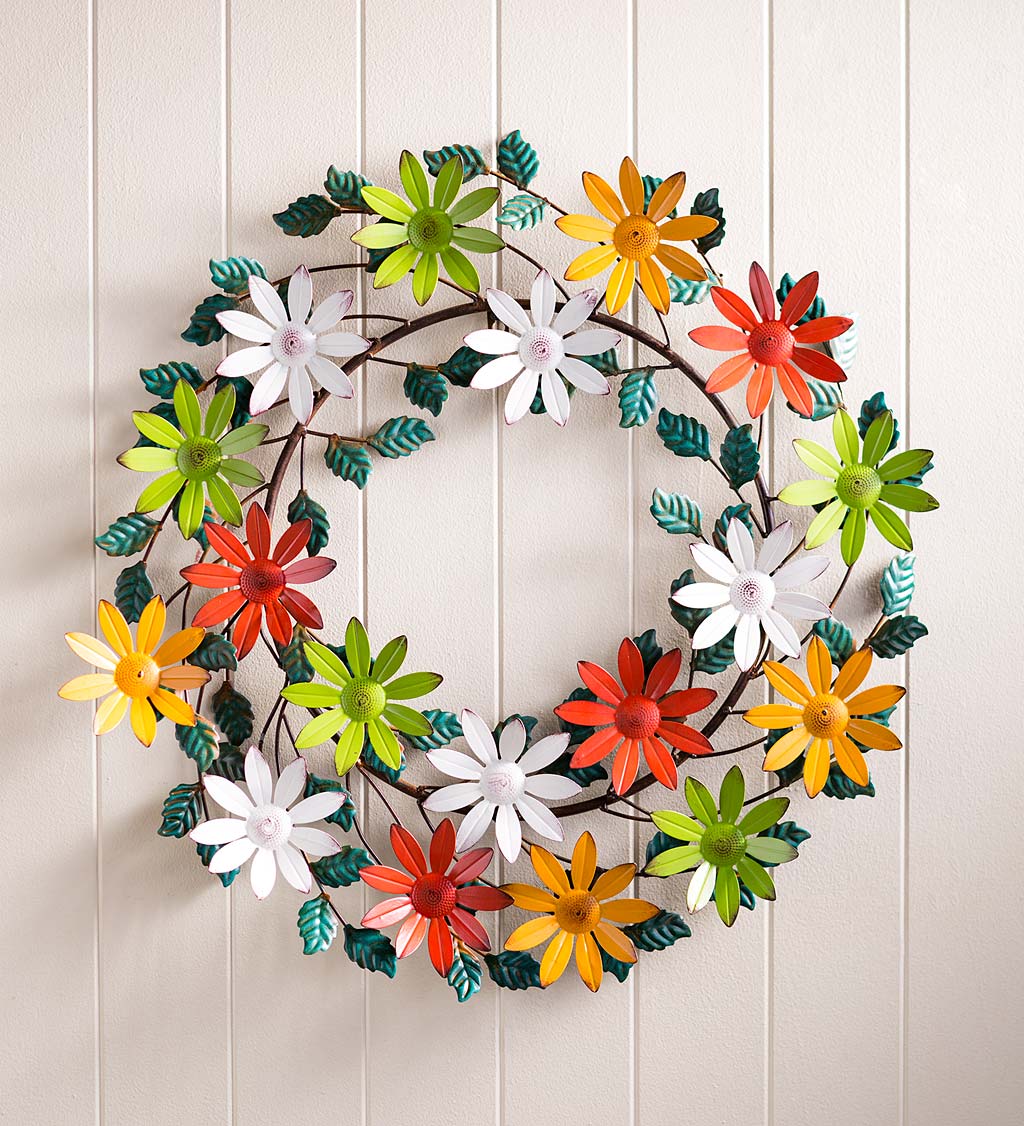 Hand-Painted Colorful Metal Flowers and Leaves Wreath
