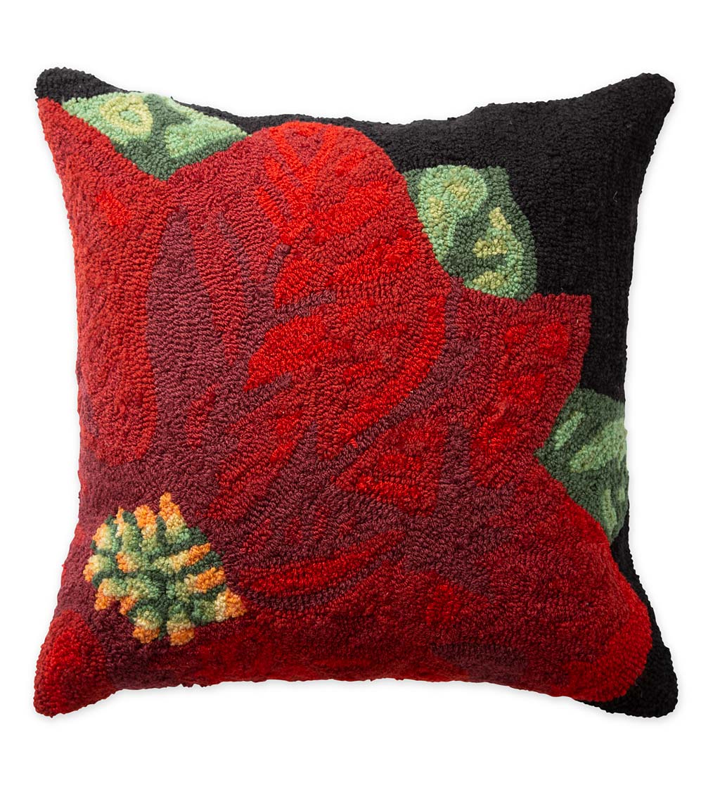 Indoor/Outdoor Hand-Hooked Polypropylene Poinsettia Pillow