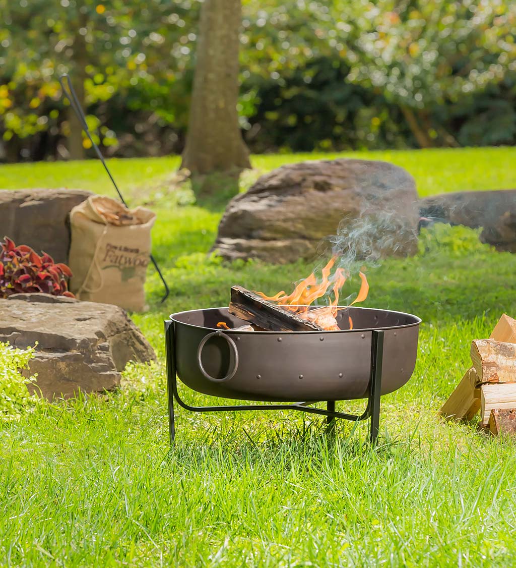 Wood-Burning Fire Pit Bowl with Iron Loop Handles