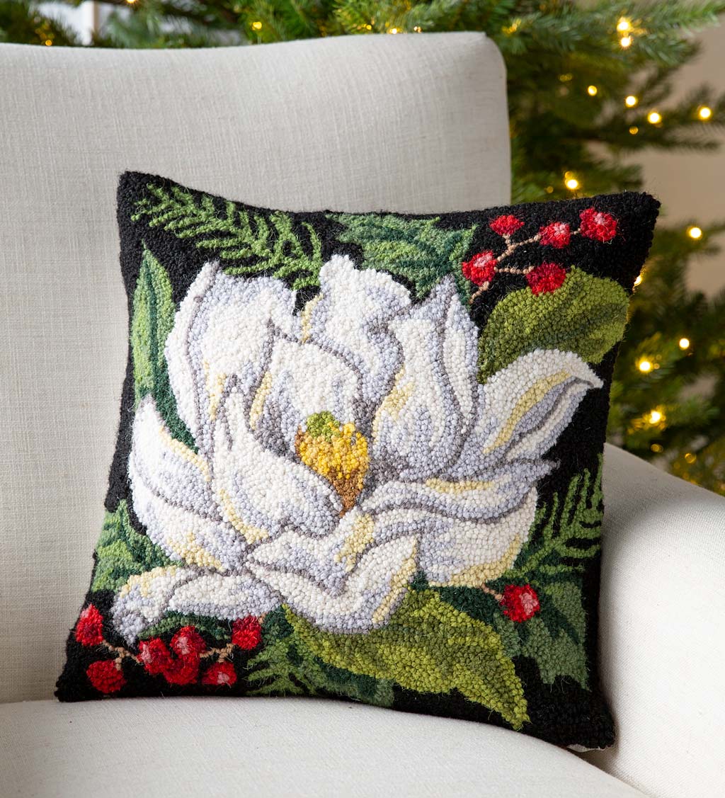 White Magnolia Blossom with Leaves Hand-Hooked Wool Throw Pillow on Black Background