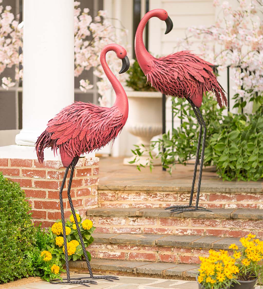 Fancy-Feathered Indoor/Outdoor Metal Flamingos