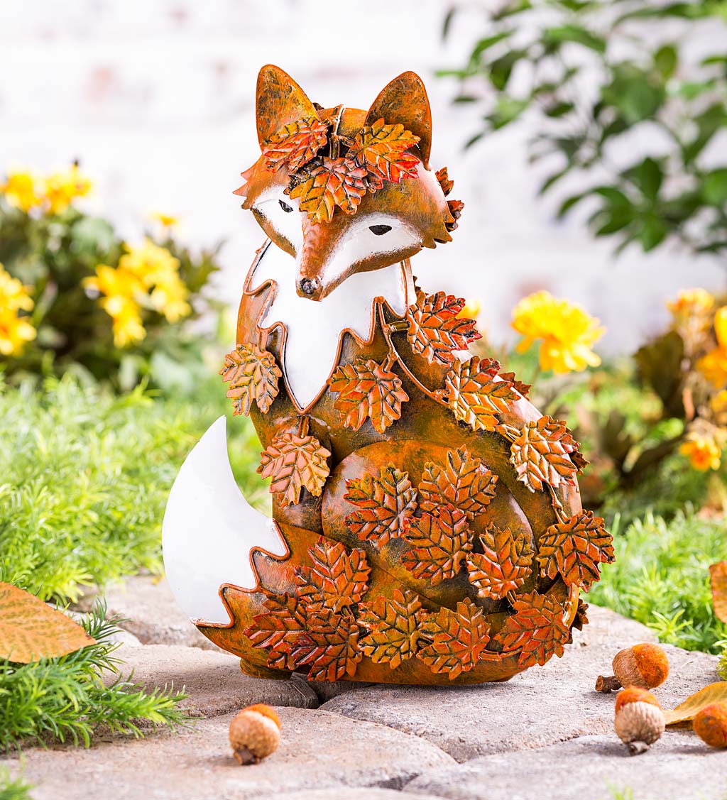 Handcrafted Metal Fox Sculpture Draped in Fall Leaves