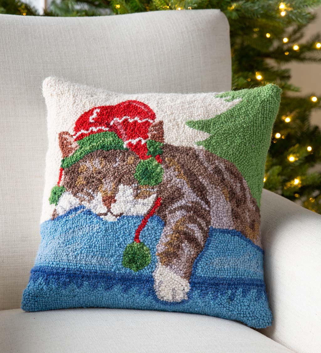 Napping Cat in Stocking Cap Hand-Hooked Wool Throw Pillow