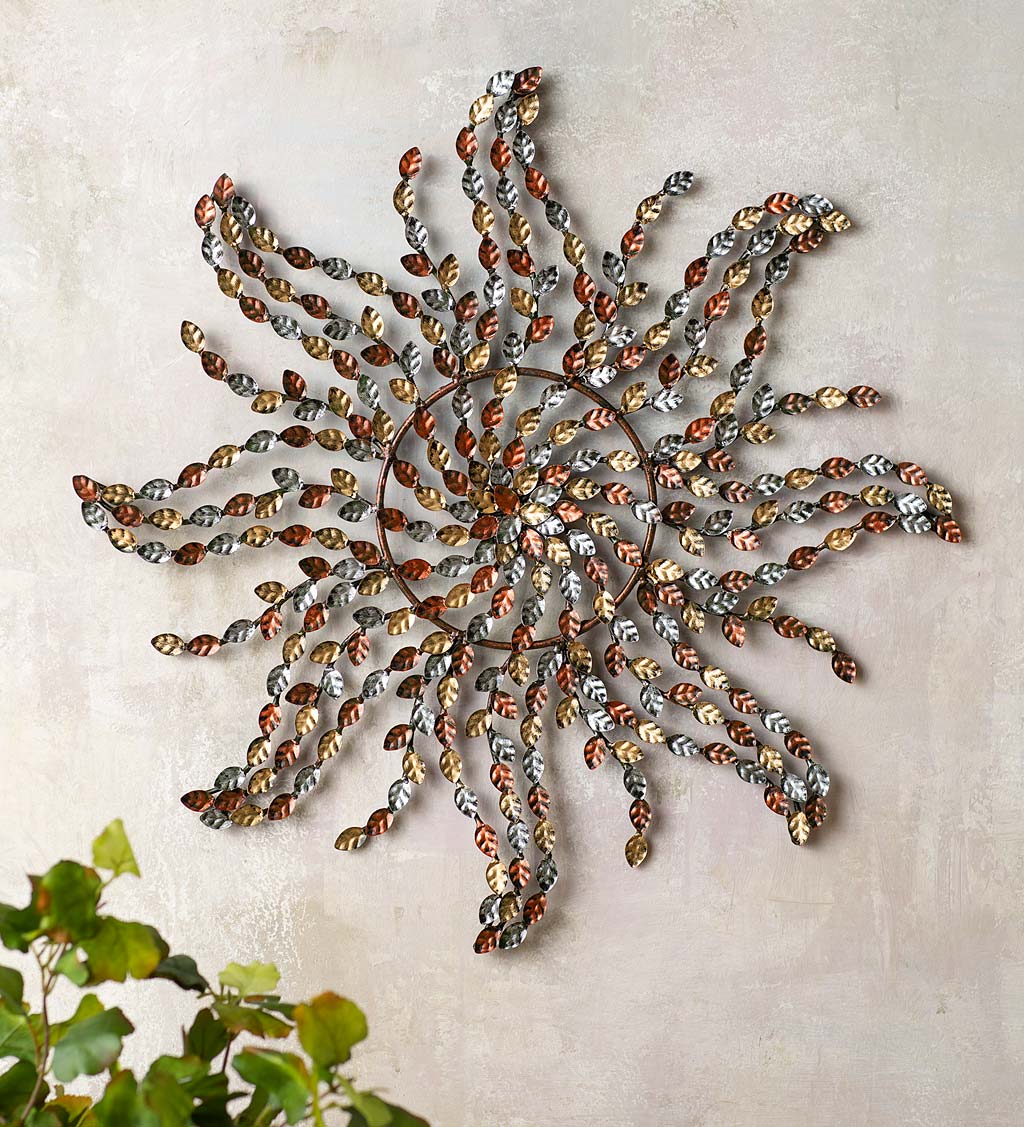Handcrafted Fall Leaves Sun Wall Art in Silver, Copper and Bronze Colors
