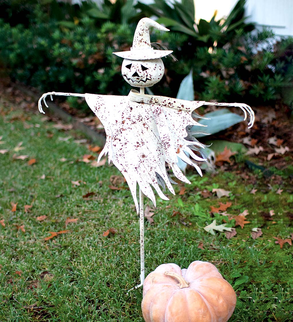 Rustic Metal Pumpkin-Head Scarecrow Garden Stake