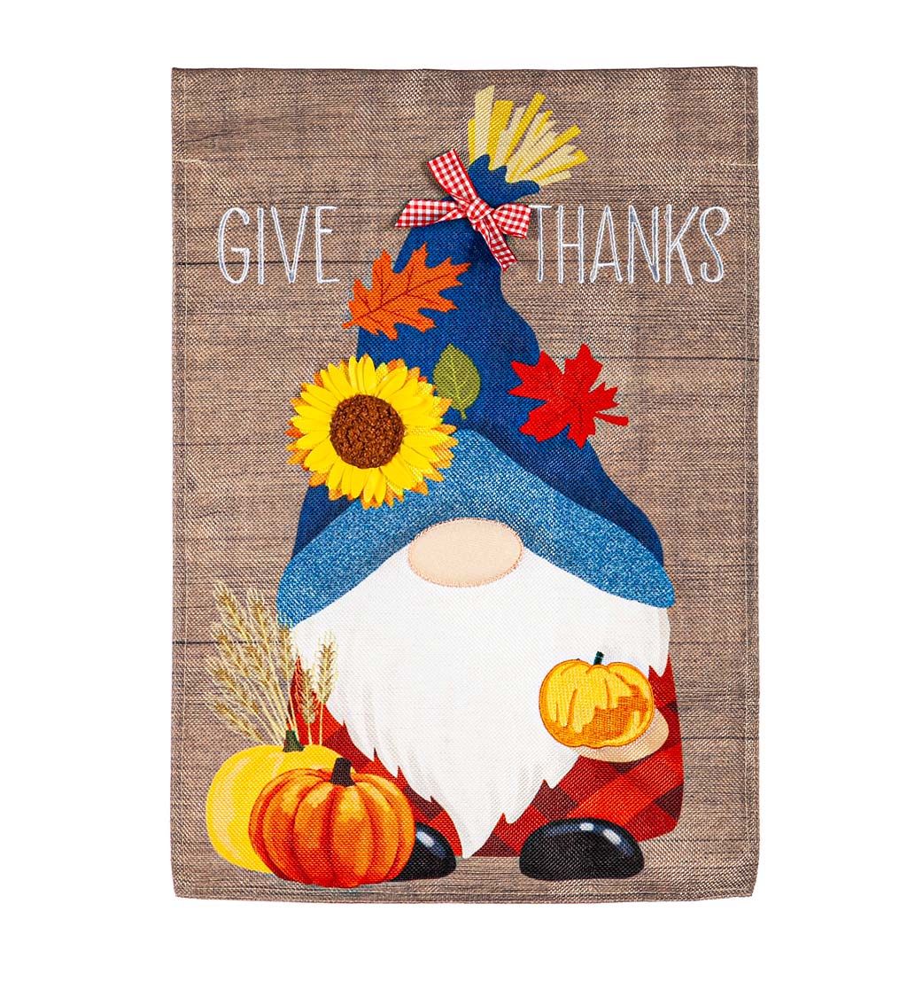 Give Thanks Fall Gnome Burlap Garden Flag