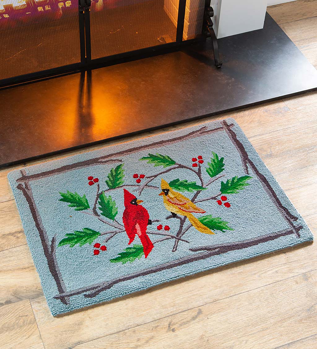Fire-Resistant Cardinal and Heart Hand-Hooked Wool Rug