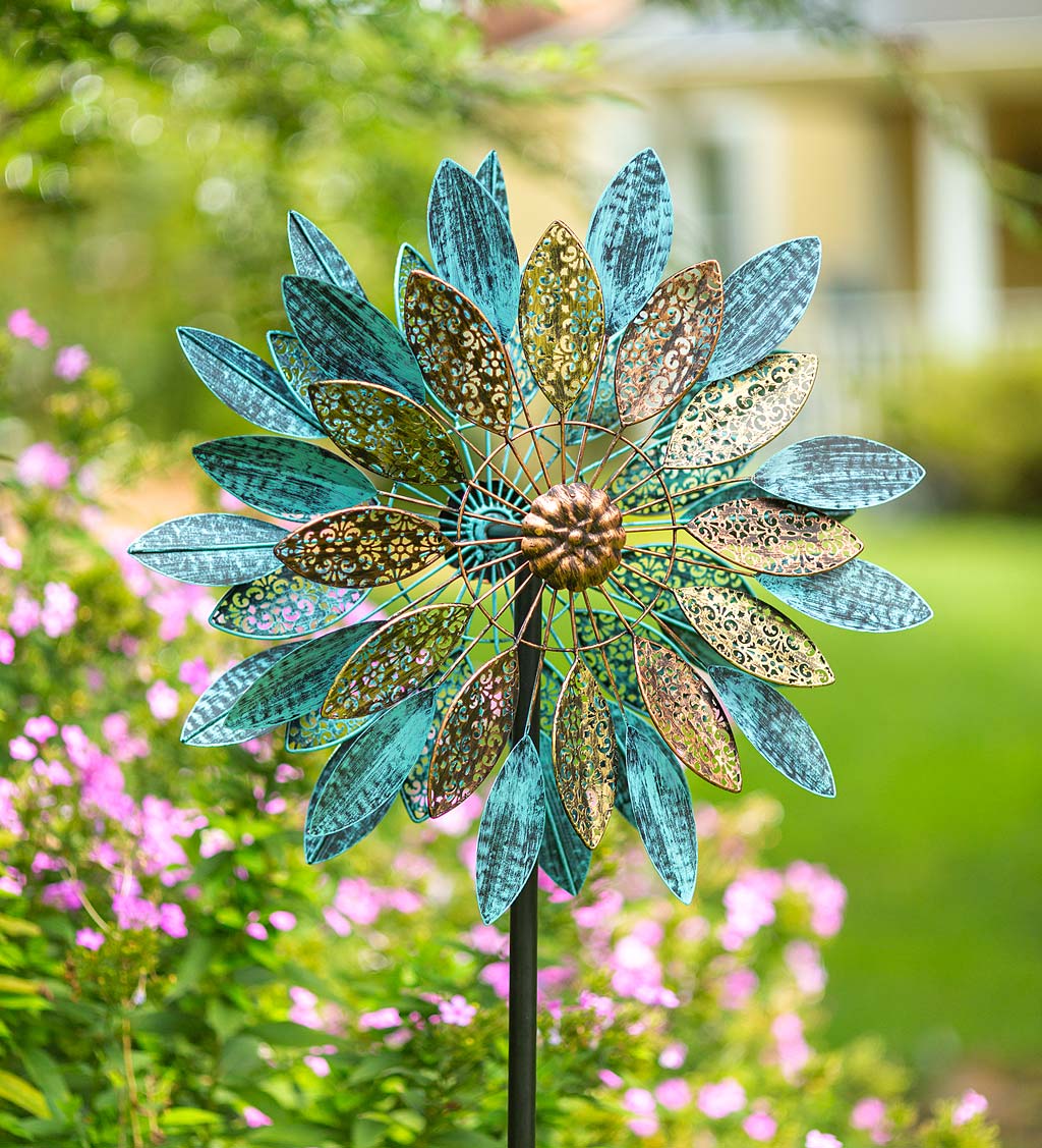 BreezeWay Pulsar Copper Wind Spinner Handmade Garden Gift with Blue Patina 