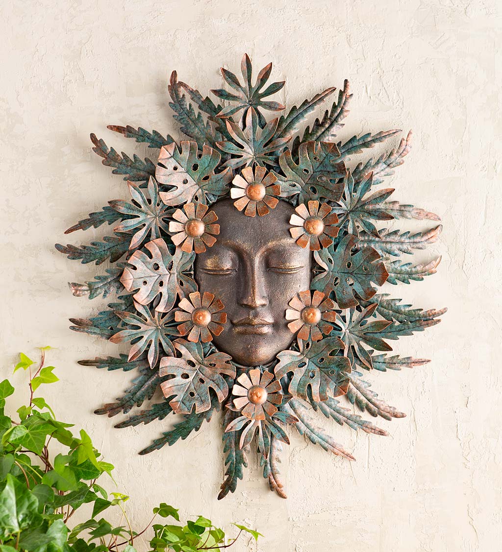 Handcrafted Forest Woman Face Surrounded by Metal Leaves and Flowers Wall Art
