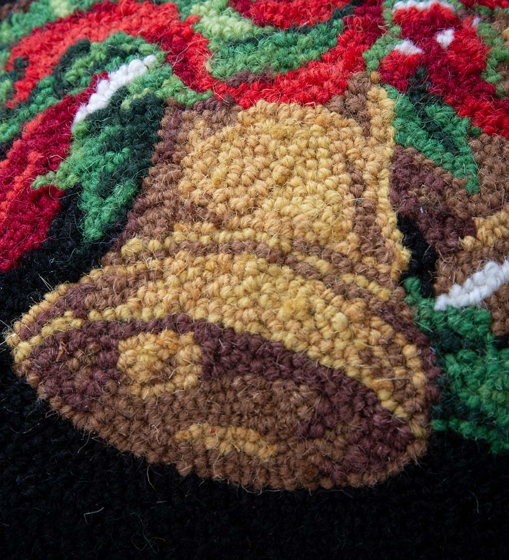 Cardinal with Holly and Bells Hand-Hooked Wool Throw Pillow on Black Background
