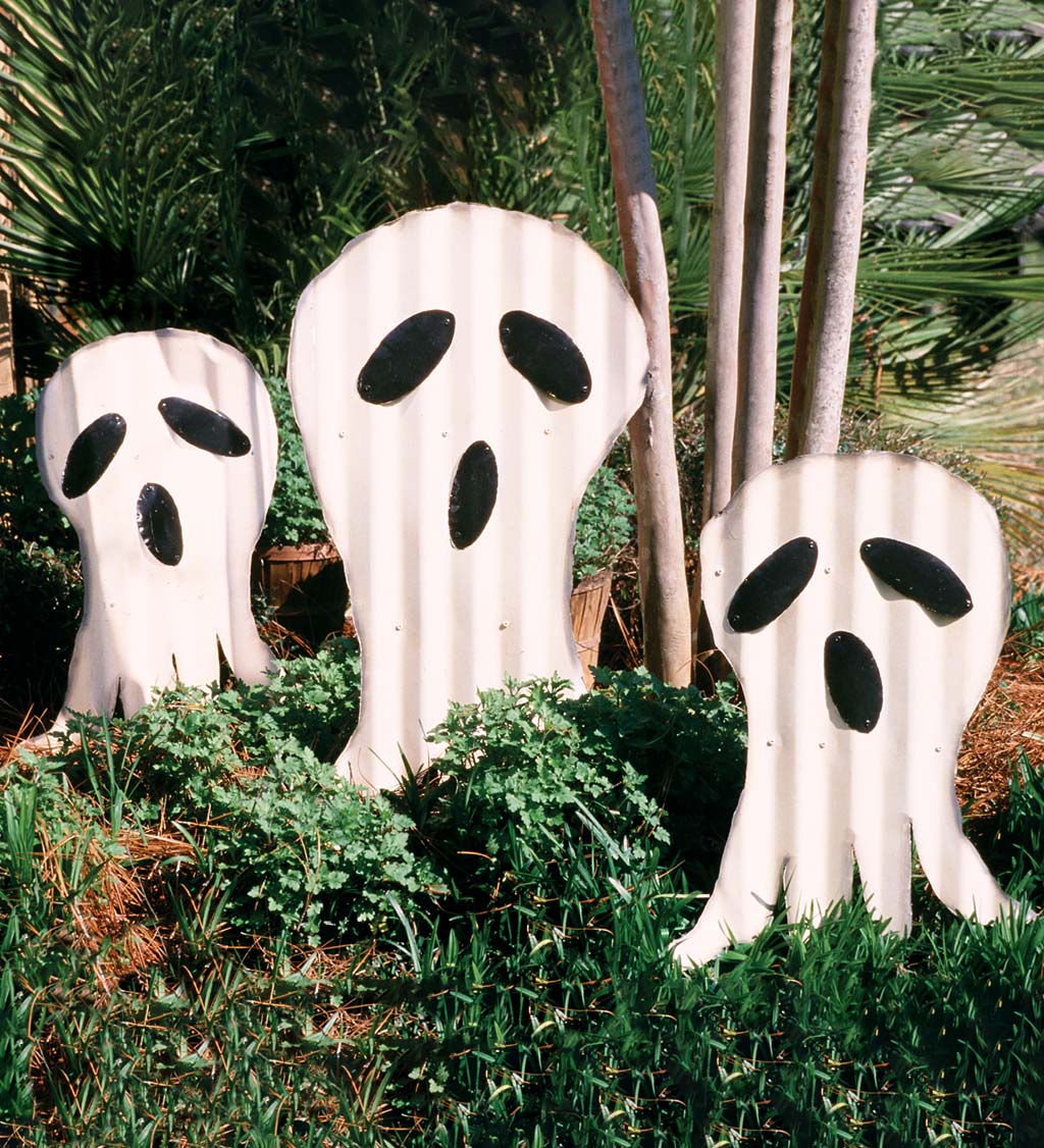 Reclaimed Corrugated Metal Ghost Garden Stakes, Set of 3