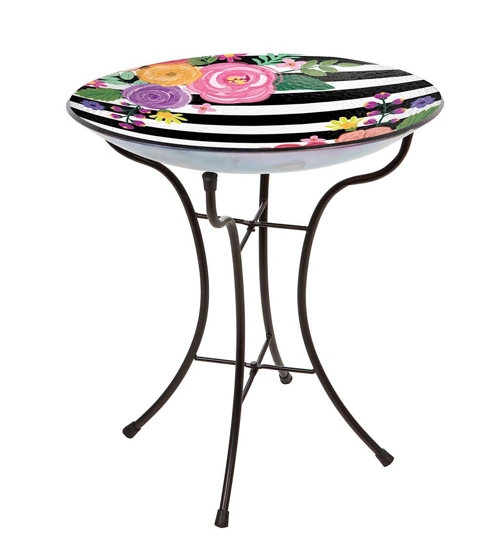 Striped Floral Pattern Glass Bird Bath with Stand