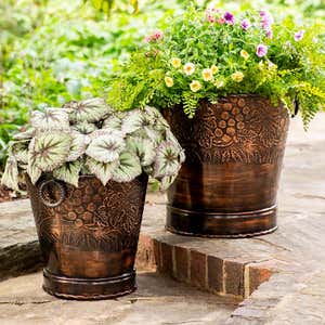 Iron Planter Buckets with Dark Bronze Finish and Embossed Floral Pattern, Set of 2